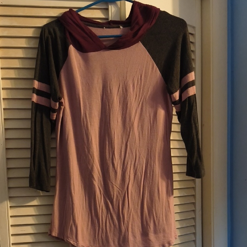 Women's Pink and Black Hooded Top